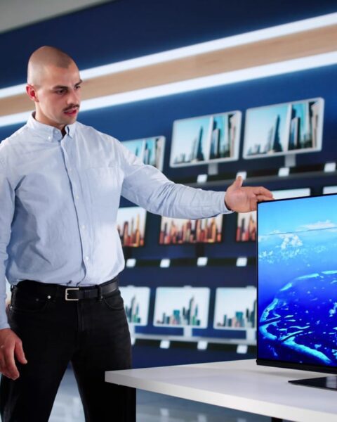 97447776 man in smart tv store showroom advising couple (1)