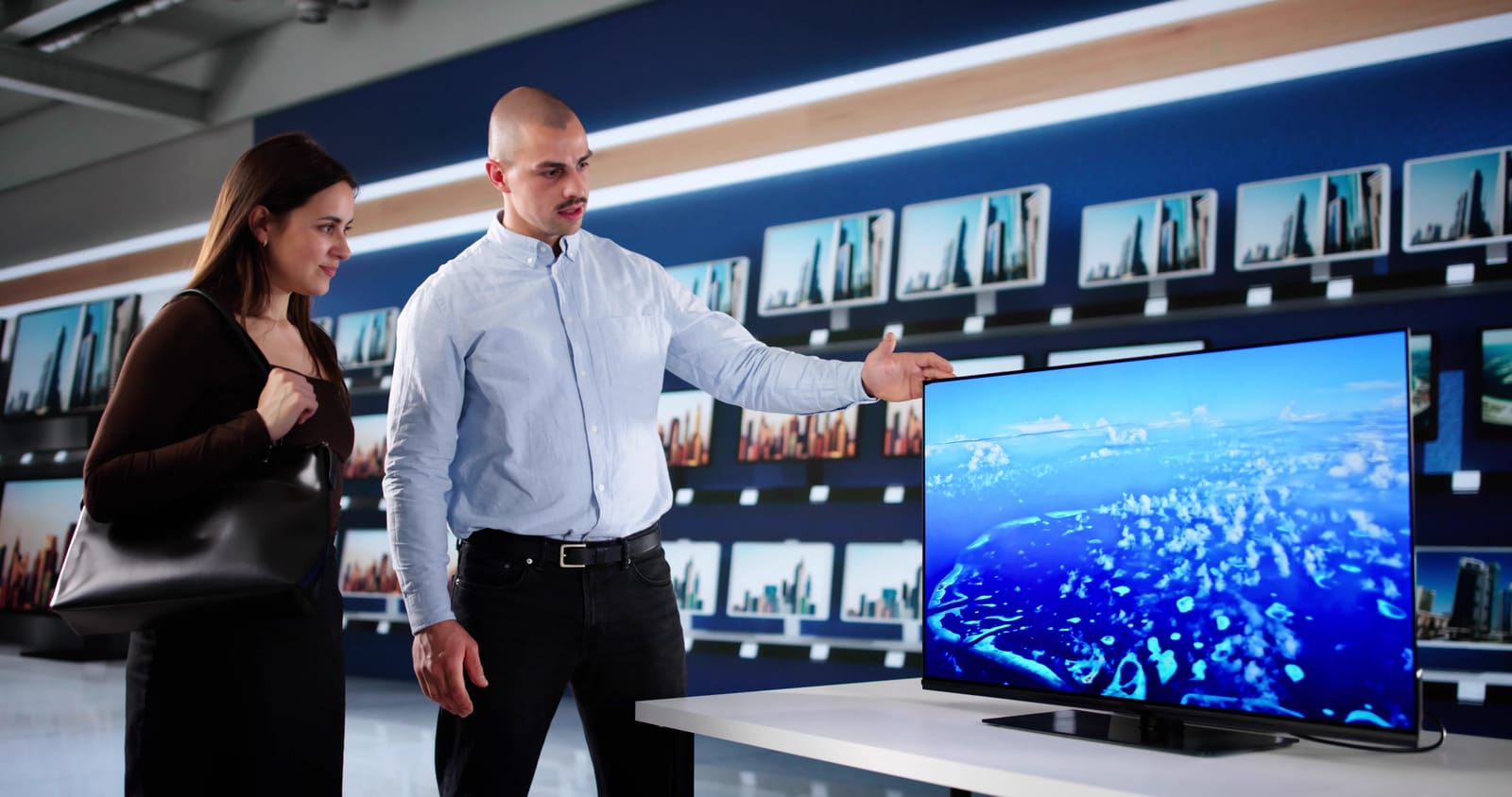 97447776 man in smart tv store showroom advising couple (1)